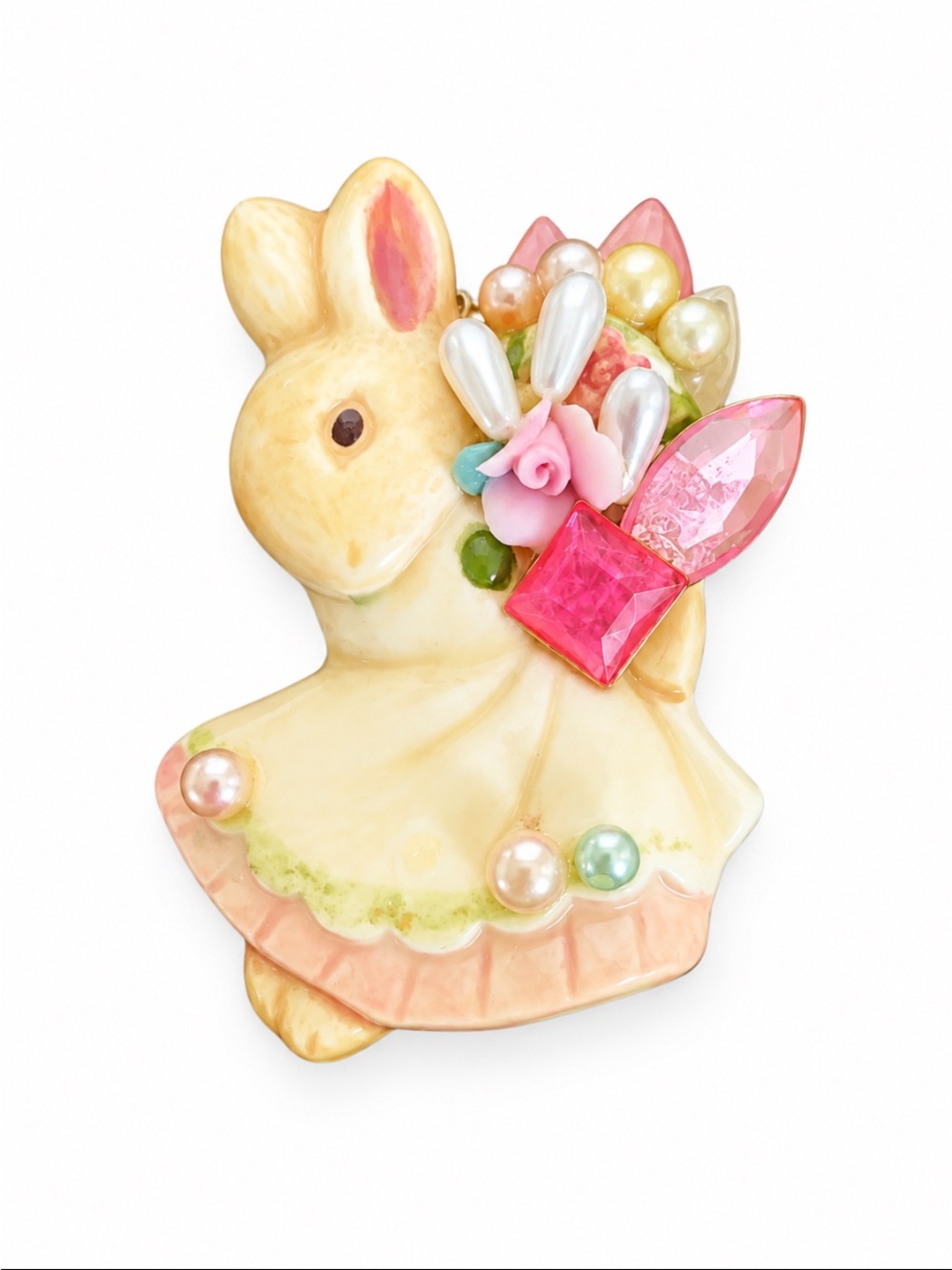 Artisan Made Whimsical Bunny Brooch Pink Crystal Pearl Floral Bouquet Pin
